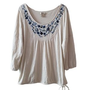 Lucky Brand Slub Cotton 3/4 Drop Sleeve Scoop Neck Embroidered Top, Tan/Navy, L